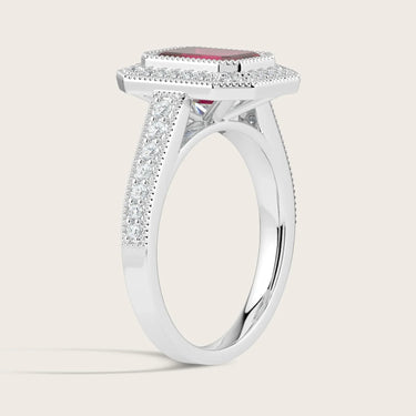 Lab-grown emerald-cut ruby ring, "halo milgrain vintage diamond band", 18k white gold. Side view.
