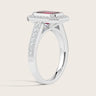 Lab-grown emerald-cut ruby ring, "halo milgrain vintage diamond band", 18k white gold. Side view.