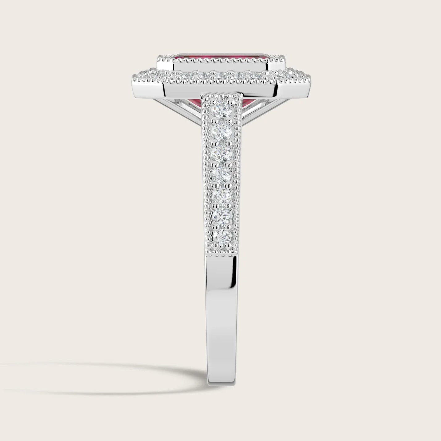 Lab-grown ruby "halo" ring. Milgrain vintage diamond band in 18k white gold (R25306EMHA). Side view.