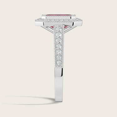 Lab-grown ruby "halo" ring. Milgrain vintage diamond band in 18k white gold (R25306EMHA). Side view.