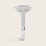 Lab-grown ruby "halo" ring. Milgrain vintage diamond band in 18k white gold (R25306EMHA). Side view.