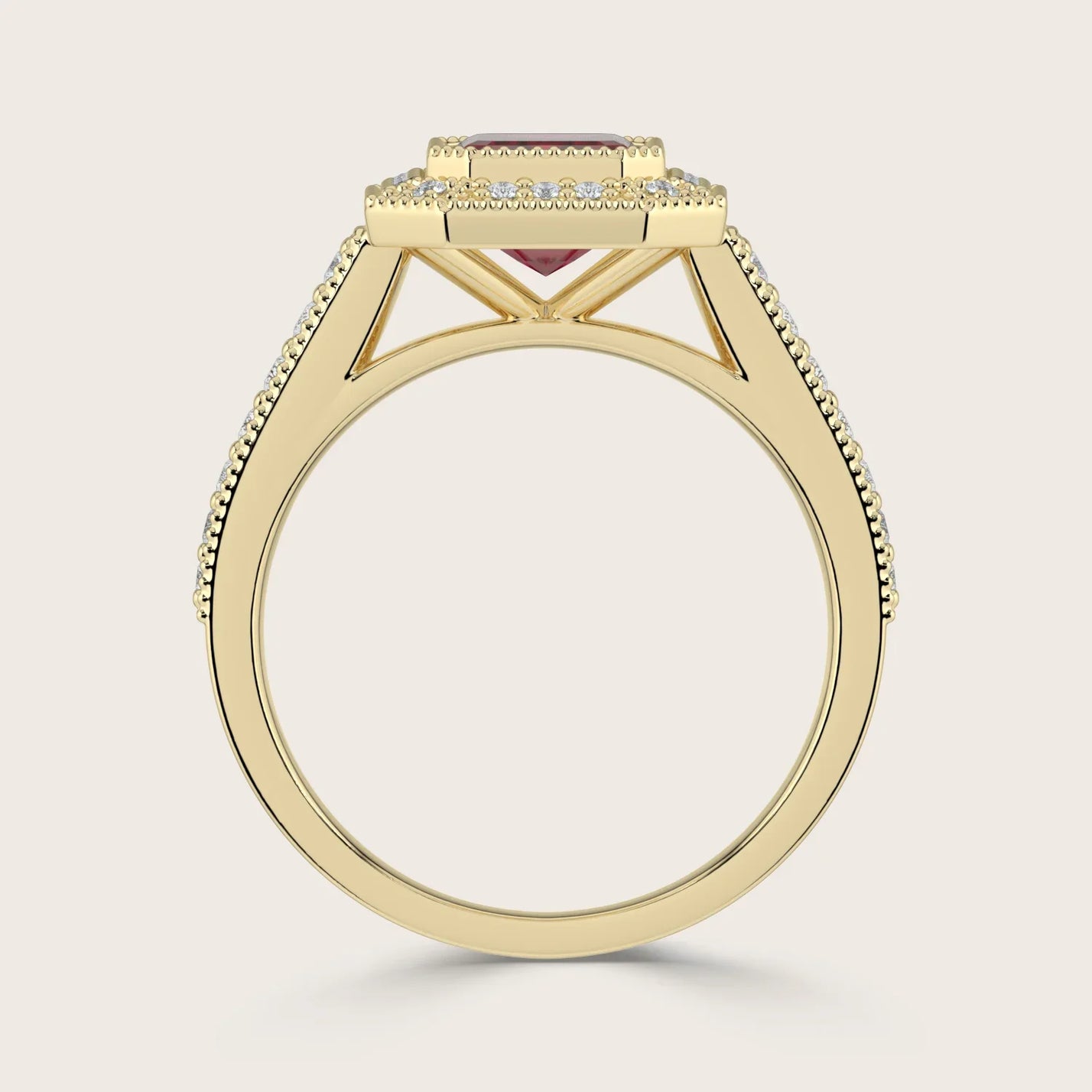 Side view of "lab-grown emerald ruby" ring. 18k yellow gold, vintage diamond band with milgrain detail.