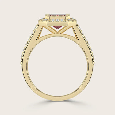 Side view of "lab-grown emerald ruby" ring. 18k yellow gold, vintage diamond band with milgrain detail.