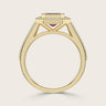 Side view of "lab-grown emerald ruby" ring. 18k yellow gold, vintage diamond band with milgrain detail.
