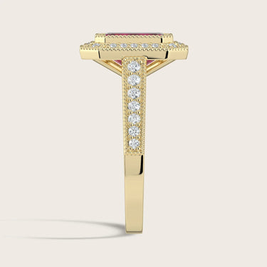18k yellow gold vintage-style engagement ring side view showing diamond-studded band with milgrain detailing and emerald-cut ruby halo setting