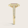 18k yellow gold vintage-style engagement ring side view showing diamond-studded band with milgrain detailing and emerald-cut ruby halo setting