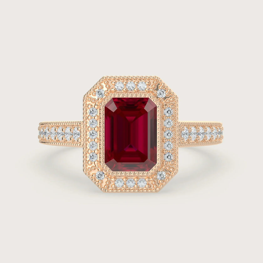 Rose gold engagement ring with lab-grown ruby center stone & diamond halo, vintage milgrain band detail. "R25306EMHA.