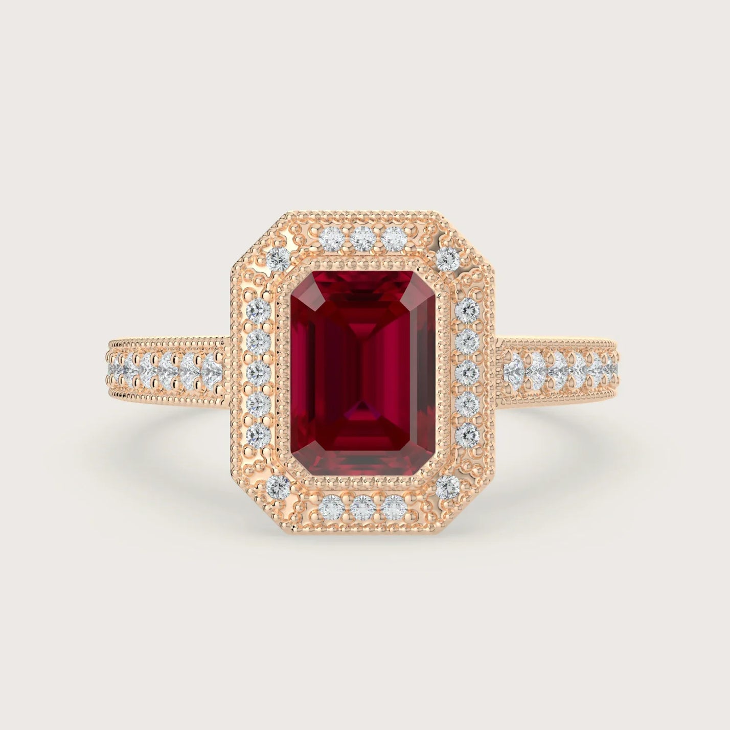 Rose gold engagement ring with lab-grown ruby center stone & diamond halo, vintage milgrain band detail. "R25306EMHA.