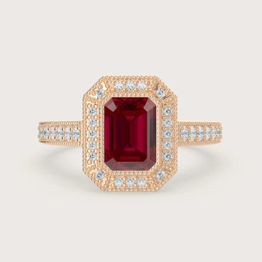 Rose gold engagement ring with lab-grown ruby center stone & diamond halo, vintage milgrain band detail. "R25306EMHA.
