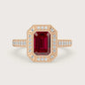 Rose gold engagement ring with lab-grown ruby center stone & diamond halo, vintage milgrain band detail. "R25306EMHA.