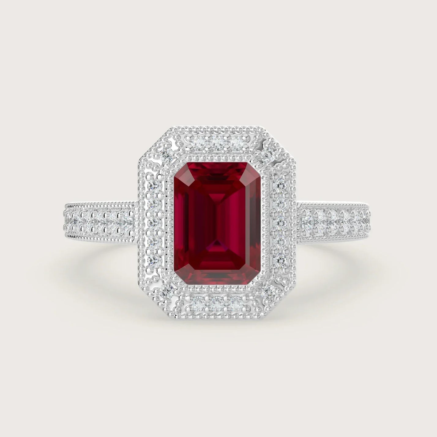 Lab-grown" ruby engagement ring. Emerald cut, halo setting, milgrain detail, vintage band, 18k white gold.
