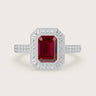 Lab-grown" ruby engagement ring. Emerald cut, halo setting, milgrain detail, vintage band, 18k white gold.