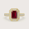 Lab-grown ruby engagement ring, 18k yellow gold, diamond halo, milgrain vintage band, "R25306EMHA" style.
