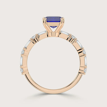 Rose gold band with "lab-grown sapphire" and lab-grown diamond accents.
