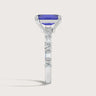 Side view of "R24831EMA" 18k white gold ring with lab-grown sapphire and diamond band.