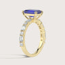Lab-grown emerald-cut sapphire ring in 18K yellow gold with diamond band detail. "R24831EMA" side view.