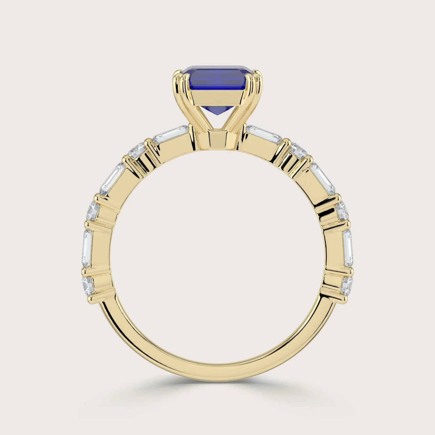 Lab-grown sapphire ring in 18k yellow gold with diamond accents, "R24831EMA". Side view showcasing the band's details.