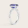 Lab-grown sapphire ring. White gold band with marquise & round diamonds. "R24837EMA" side view.