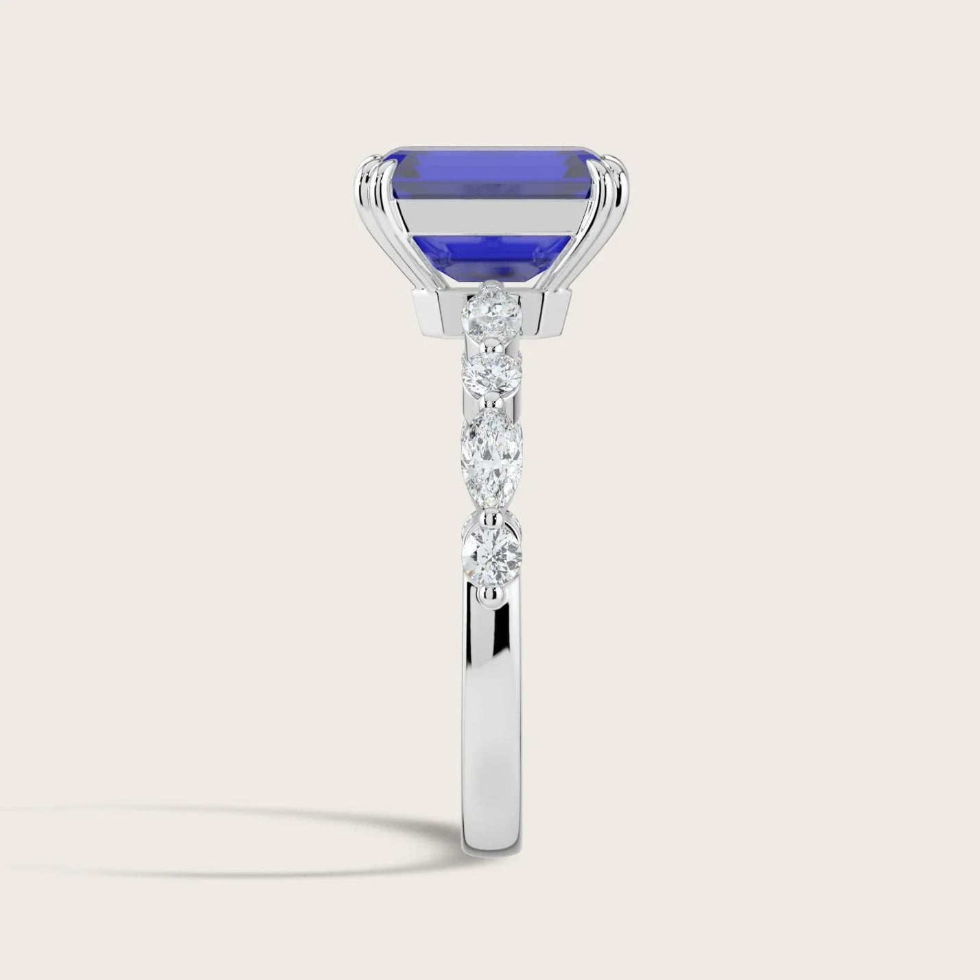 Lab-grown sapphire & diamond band. Emerald-cut blue gemstone, marquise & round diamonds, 18k white gold, "R24837EMA.