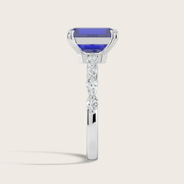 Lab-grown sapphire & diamond band. Emerald-cut blue gemstone, marquise & round diamonds, 18k white gold, "R24837EMA.