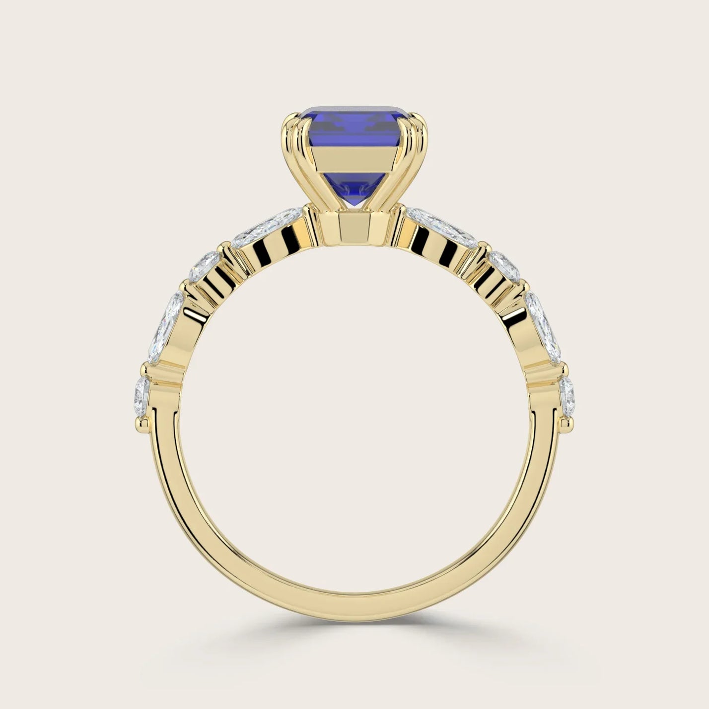 Lab-grown emerald cut blue sapphire ring in 18k yellow gold with marquise and round diamond band. "R24837EMA.
