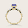 Lab-grown emerald cut blue sapphire ring in 18k yellow gold with marquise and round diamond band. "R24837EMA.