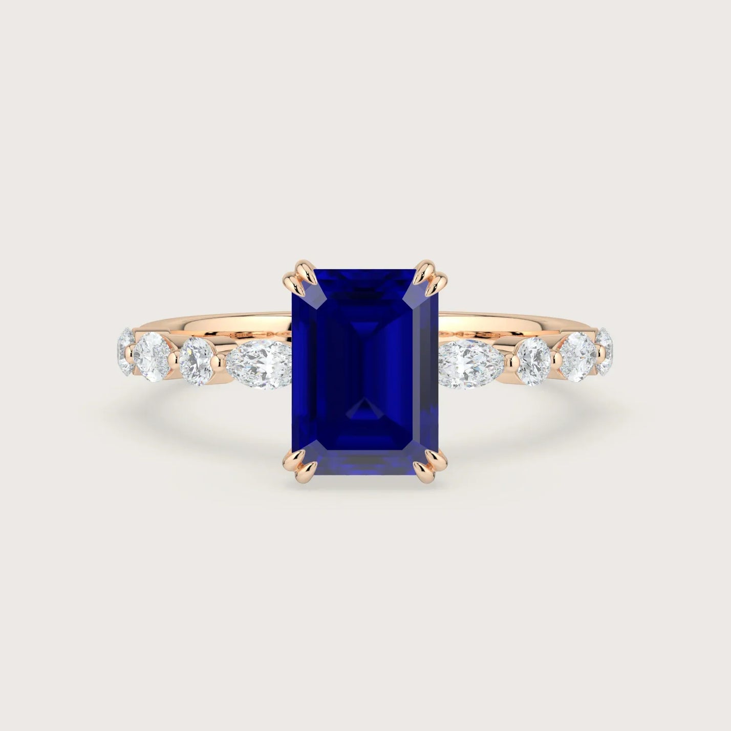 Rose gold engagement ring with lab-grown sapphire center stone and diamond accents. "R24837EMA" style.