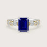 Lab-grown emerald-cut sapphire engagement ring. "Milgrain Vintage" two-tone 18k gold band with diamonds.