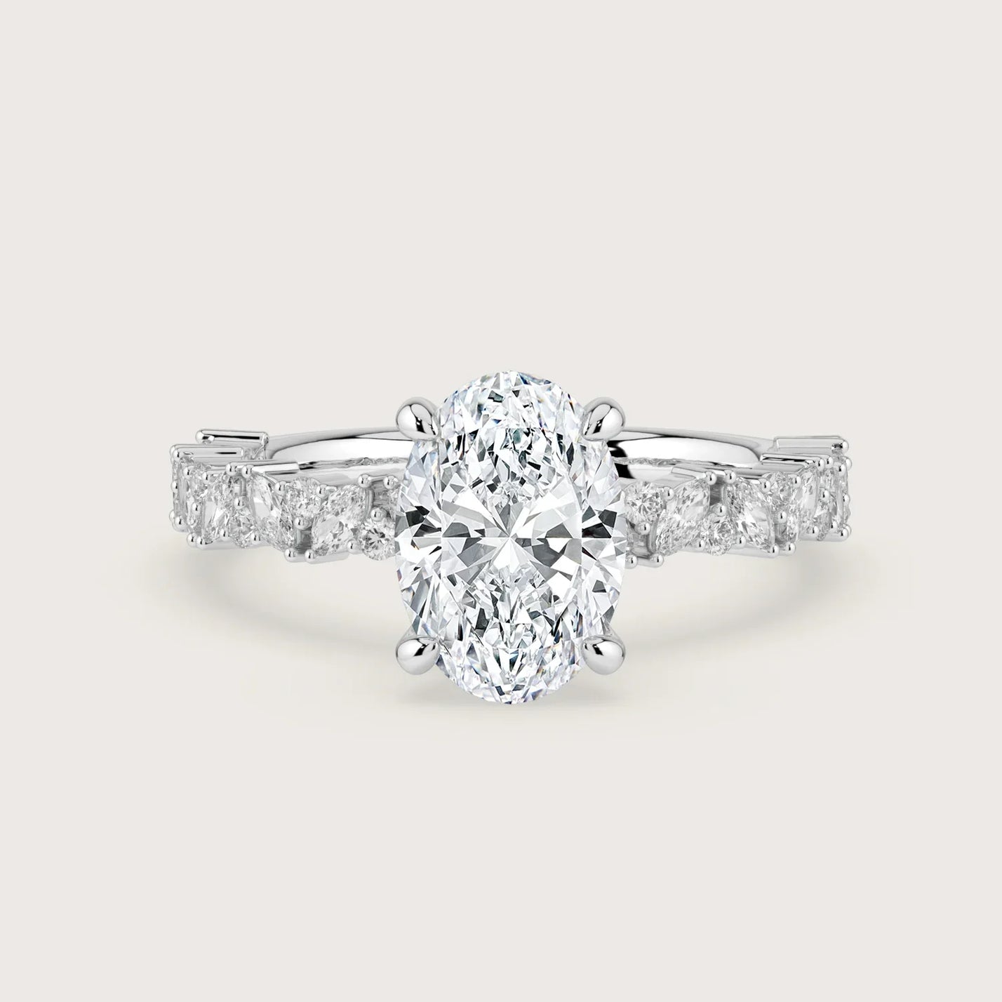 Lab-grown oval diamond engagement ring. 18k white gold band with diamond accents. "R24830OVA" style.