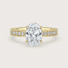 Oval lab-grown diamond engagement ring. 18k yellow gold band with milgrain detail. "R24821OVA" style.