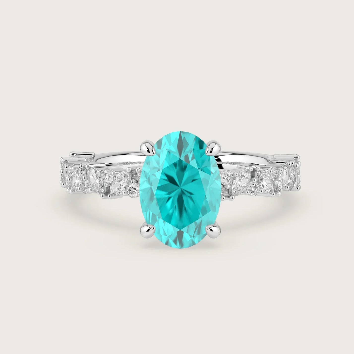 Oval "Paraiba" lab-grown diamond engagement ring in 18k white gold. Delicate diamond band.