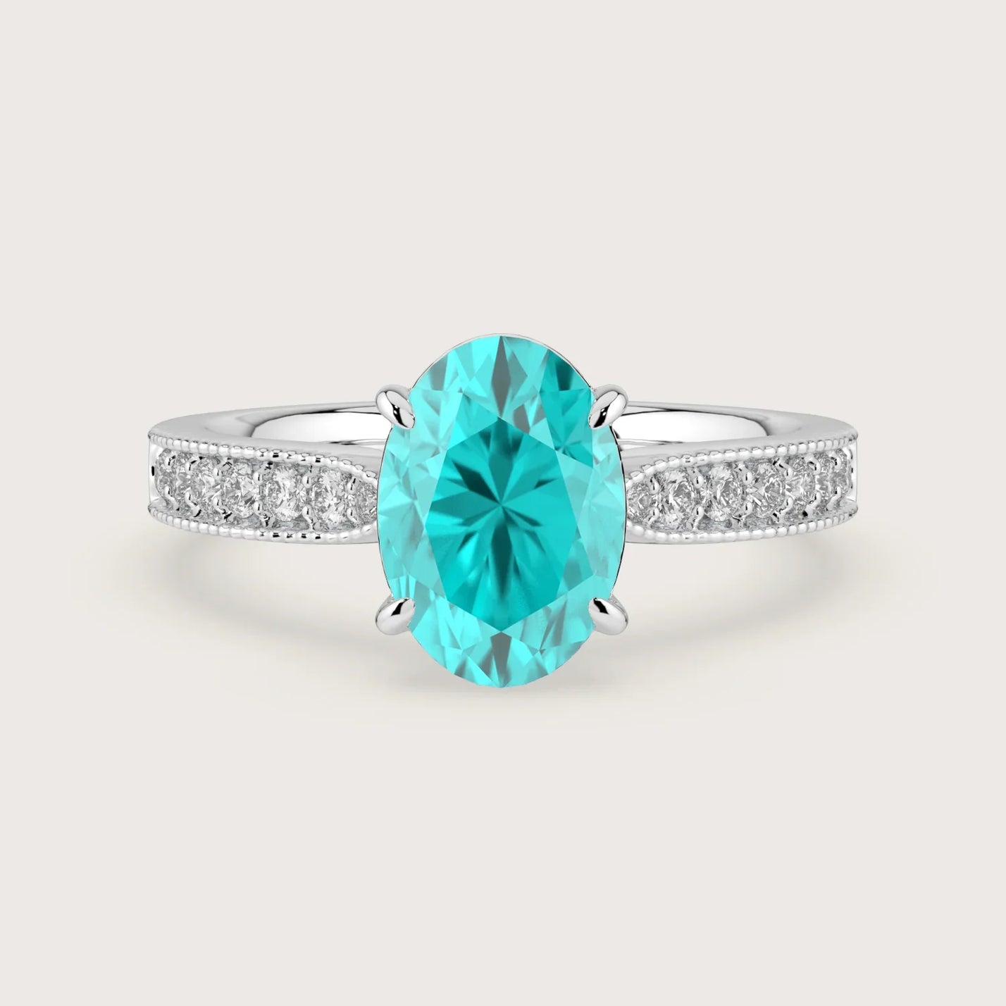 Oval Paraiba lab-grown engagement ring. Milgrain diamond band, 18k white gold. "R24821OVA" detail.