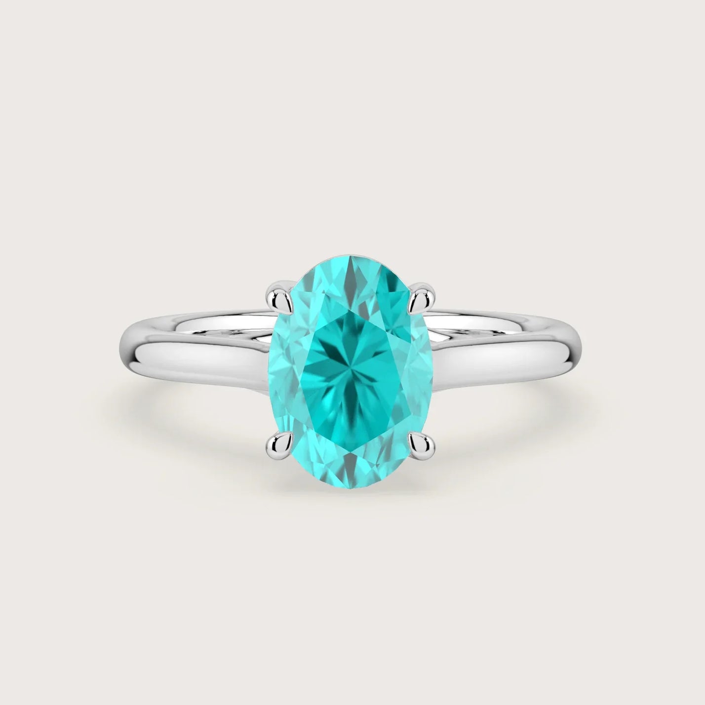 Oval "Paraiba" lab-grown diamond solitaire engagement ring in 18k white gold.