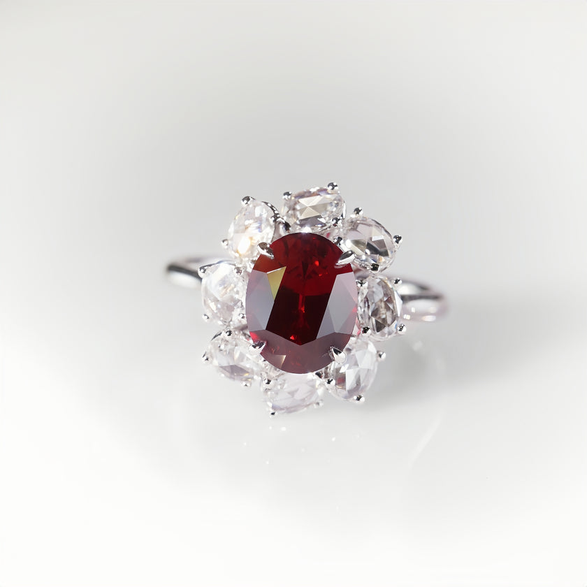 Rosie, Oval Cut Ruby Halo Ring with Rose Cut Diamond Accents