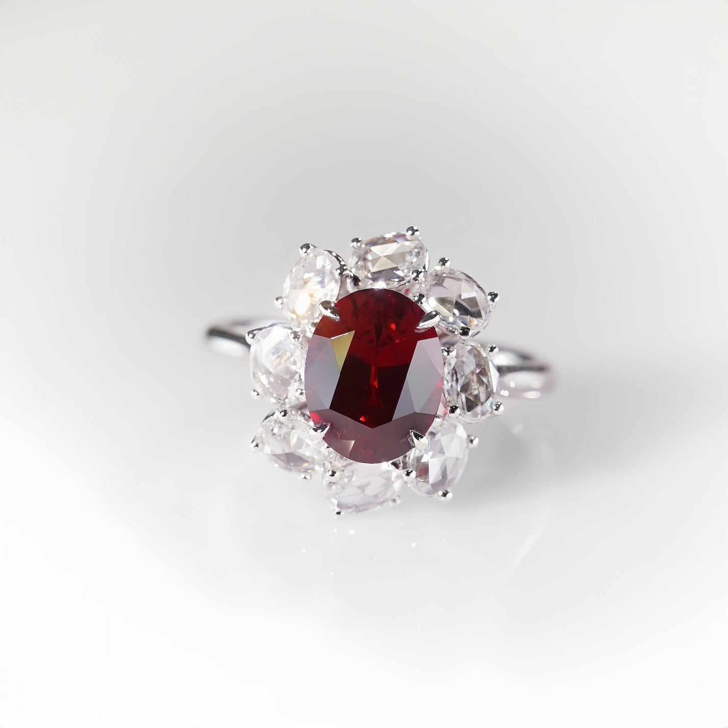 Rosie, Oval Cut Ruby Halo Ring with Rose Cut Diamond Accents