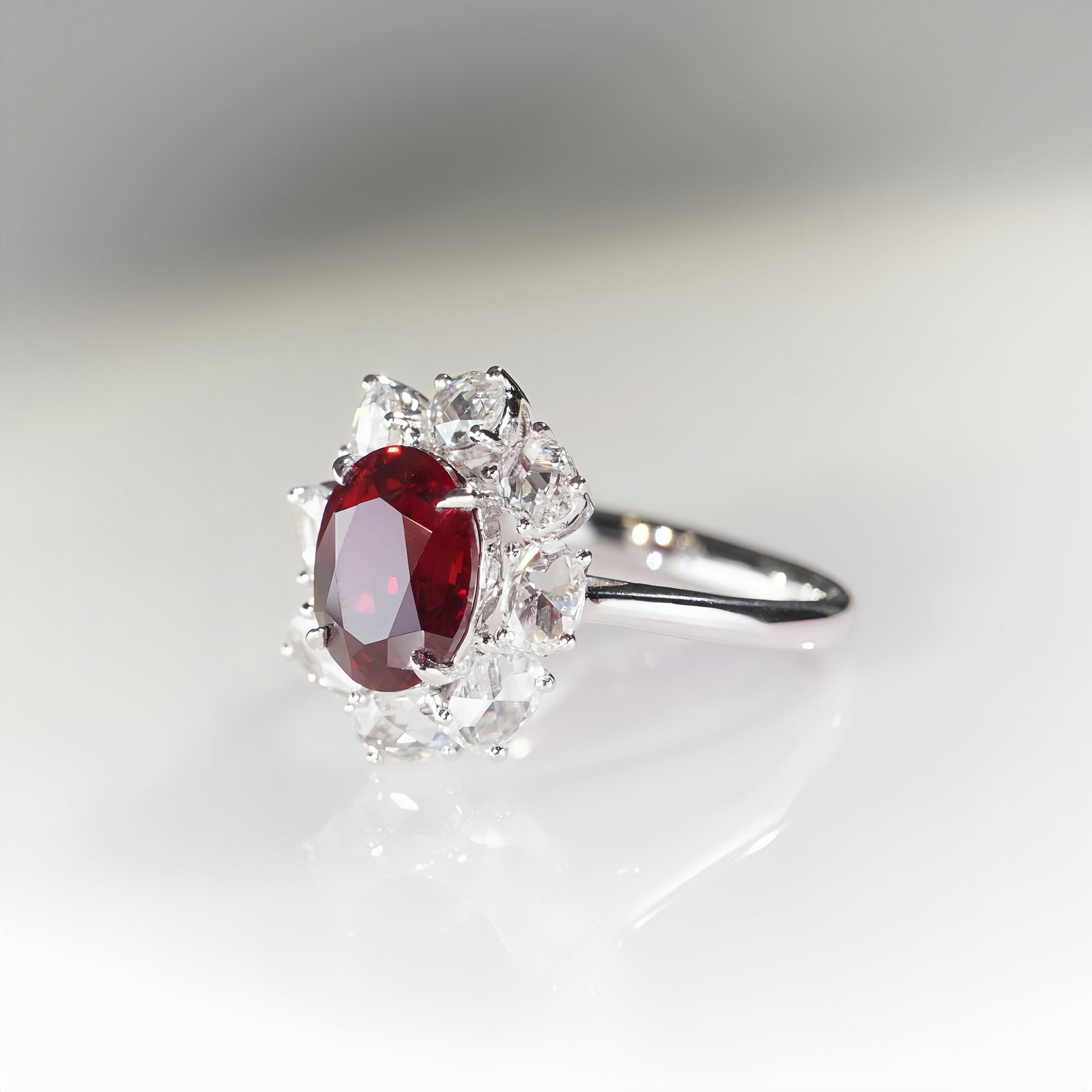 Rosie, Oval Cut Ruby Halo Ring with Rose Cut Diamond Accents