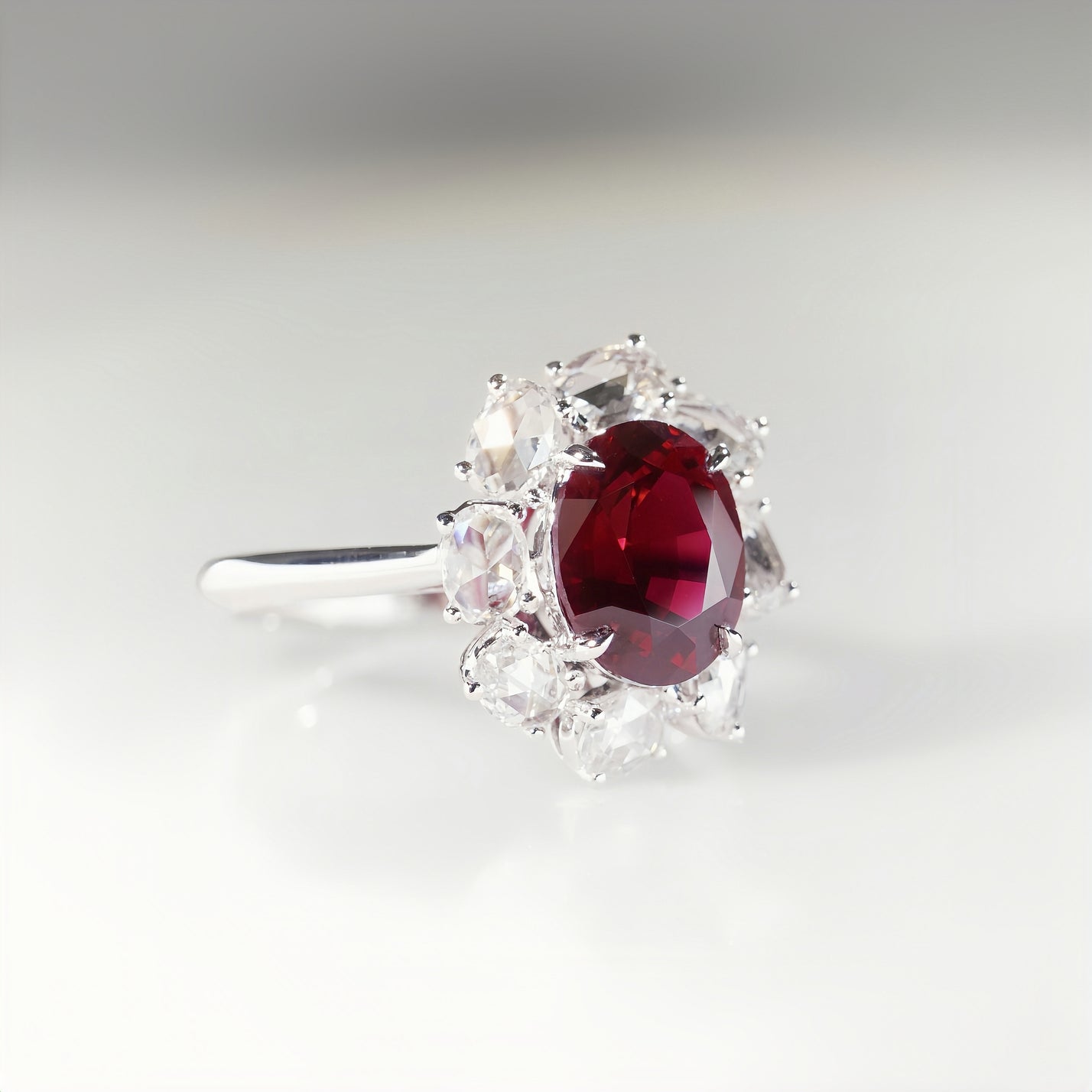 Rosie, Oval Cut Ruby Halo Ring with Rose Cut Diamond Accents