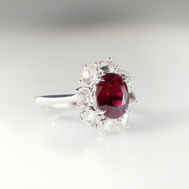 Rosie, Oval Cut Ruby Halo Ring with Rose Cut Diamond Accents