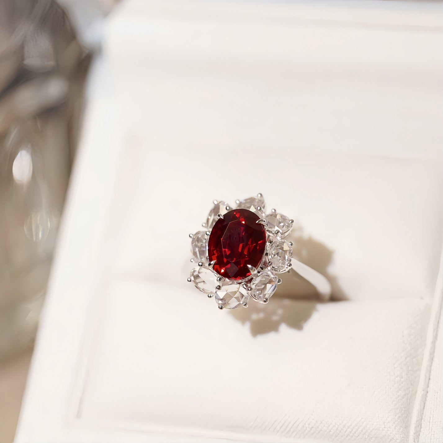 Rosie, Oval Cut Ruby Halo Ring with Rose Cut Diamond Accents