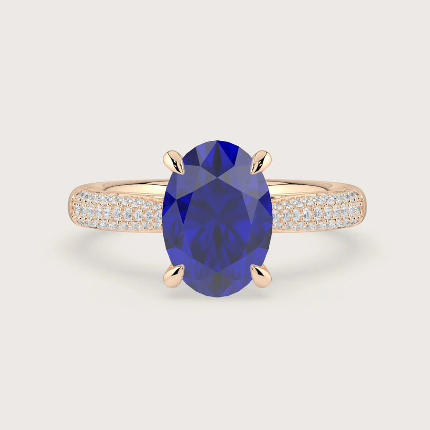 Rose gold engagement ring, oval lab-grown sapphire, diamond band with hidden halo. "R24827OVA.