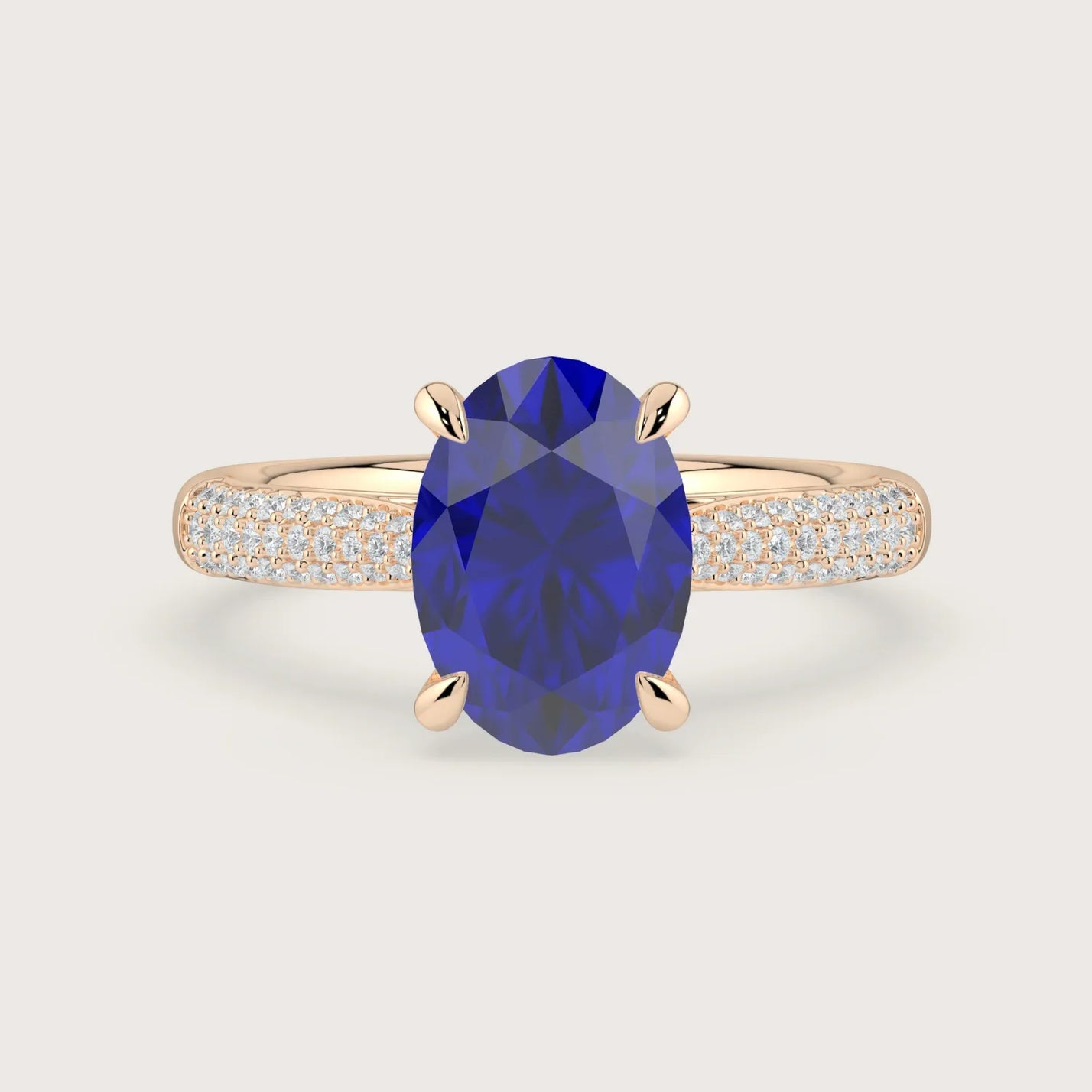 Rose gold engagement ring, oval lab-grown sapphire, diamond band with hidden halo. "R24827OVA.
