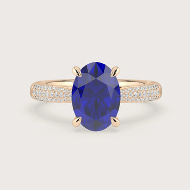 Rose gold engagement ring, oval lab-grown sapphire, diamond band with hidden halo. "R24827OVA.
