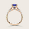 Rose gold ring with oval lab-grown sapphire, hidden halo, and diamond band detail. "R24827OVA.