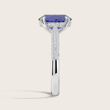 Oval lab-grown sapphire ring, "hidden halo" diamond band in 18k white gold (R24827OVA), side view.