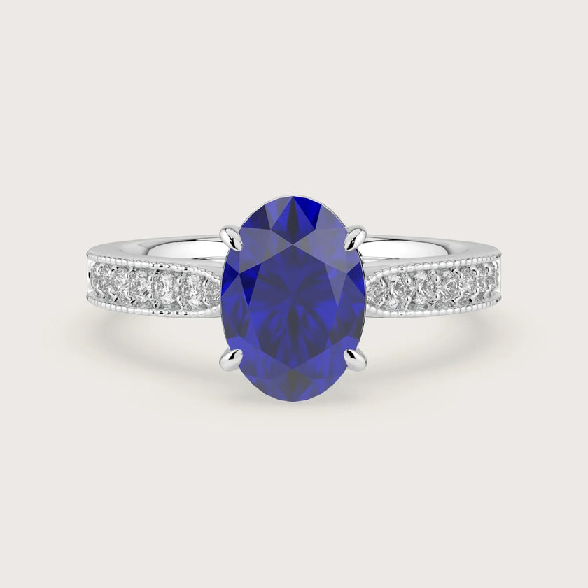 Oval lab-grown sapphire engagement ring. Milgrain diamond band, 18k white gold "R24821OVA.