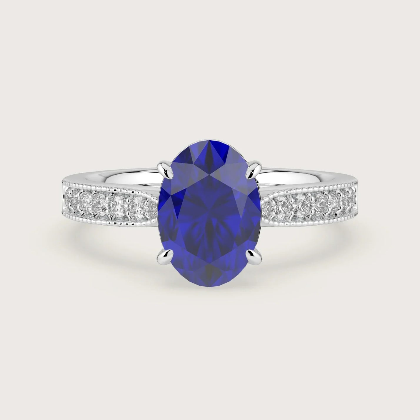 Oval lab-grown sapphire engagement ring. Milgrain diamond band, 18k white gold "R24821OVA.