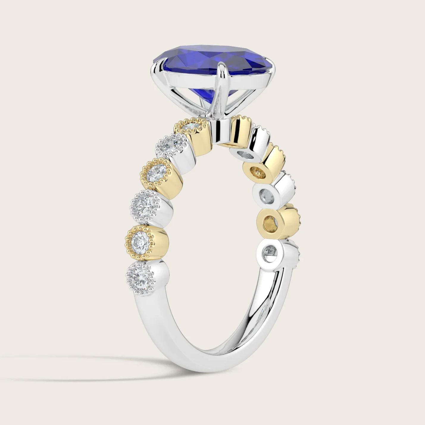 Two-tone "R24822OVA" ring: Lab-grown oval sapphire with milgrain vintage diamond band in 18k white and yellow gold.