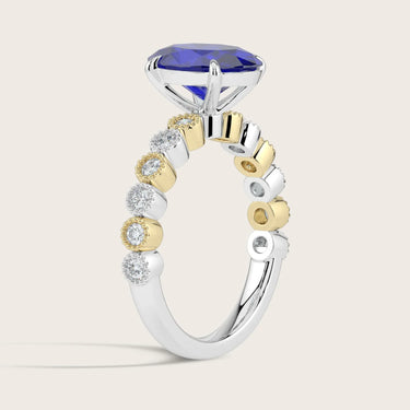 Two-tone "R24822OVA" ring: Lab-grown oval sapphire with milgrain vintage diamond band in 18k white and yellow gold.