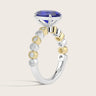 Two-tone "R24822OVA" ring: Lab-grown oval sapphire with milgrain vintage diamond band in 18k white and yellow gold.