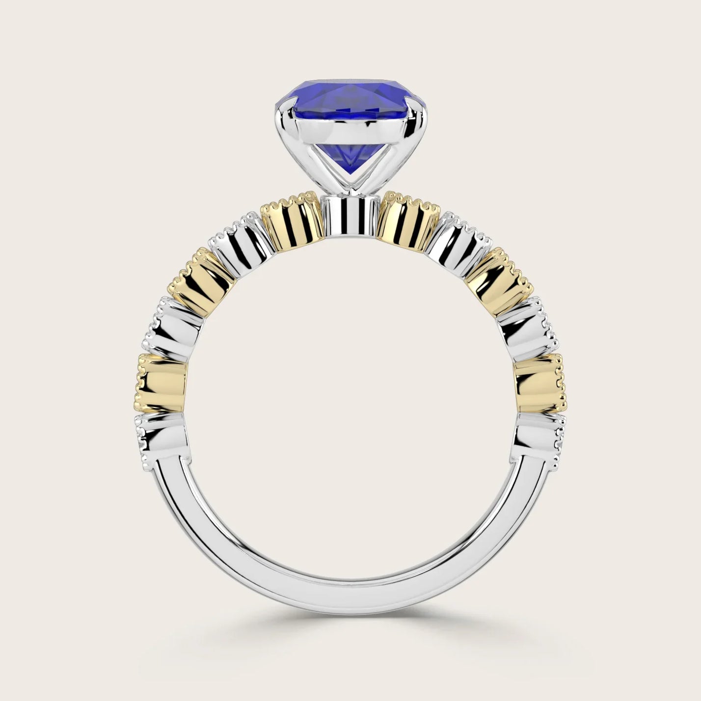 Lab-grown oval sapphire ring in two-tone 18k gold "R24822OVA" with milgrain vintage diamond band.